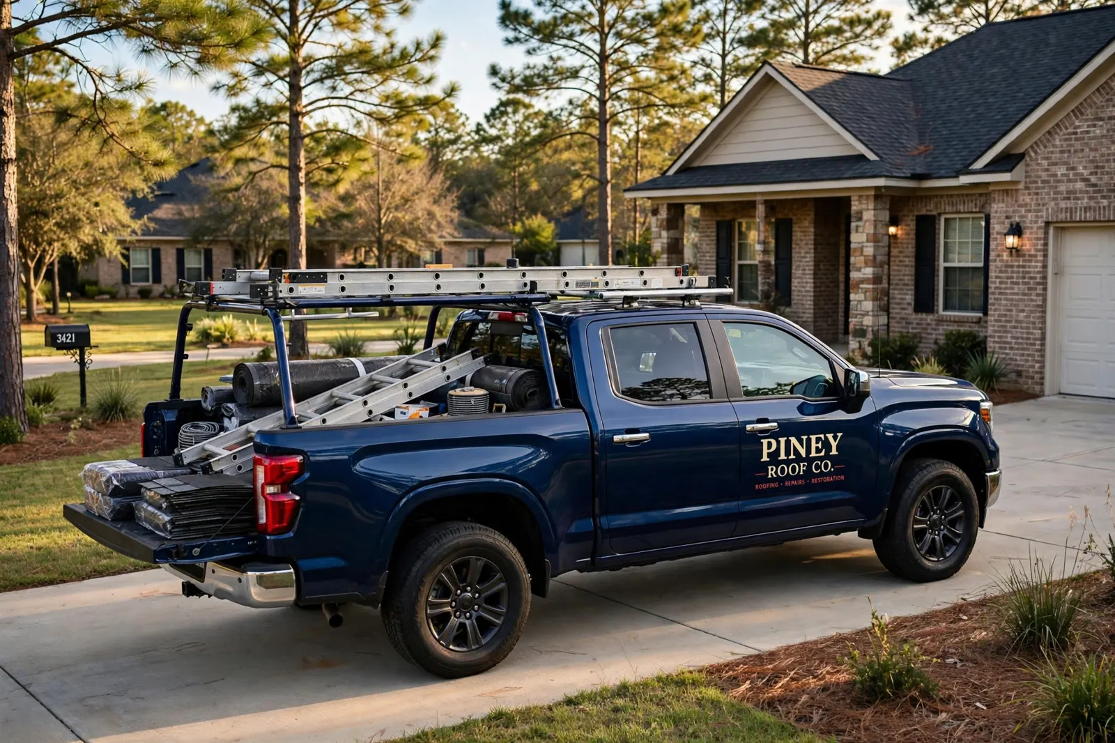 Piney Roof Co. branded work truck in Tomball, TX